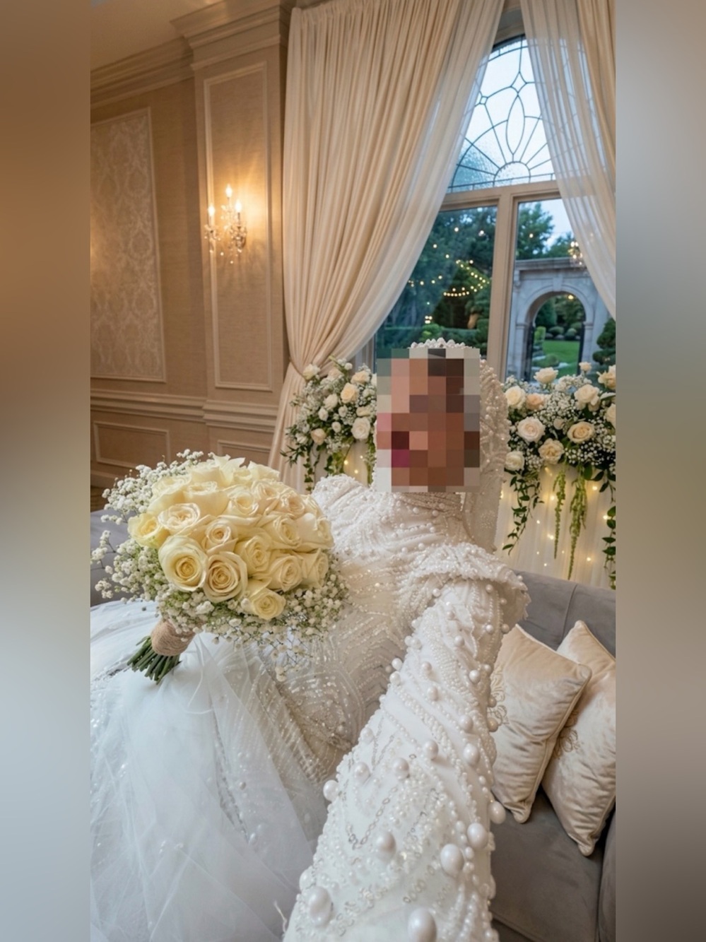 Unk Ivory Beaded Modest Long Sleeve Wedding Dress with Veil - Picture 3 of 5